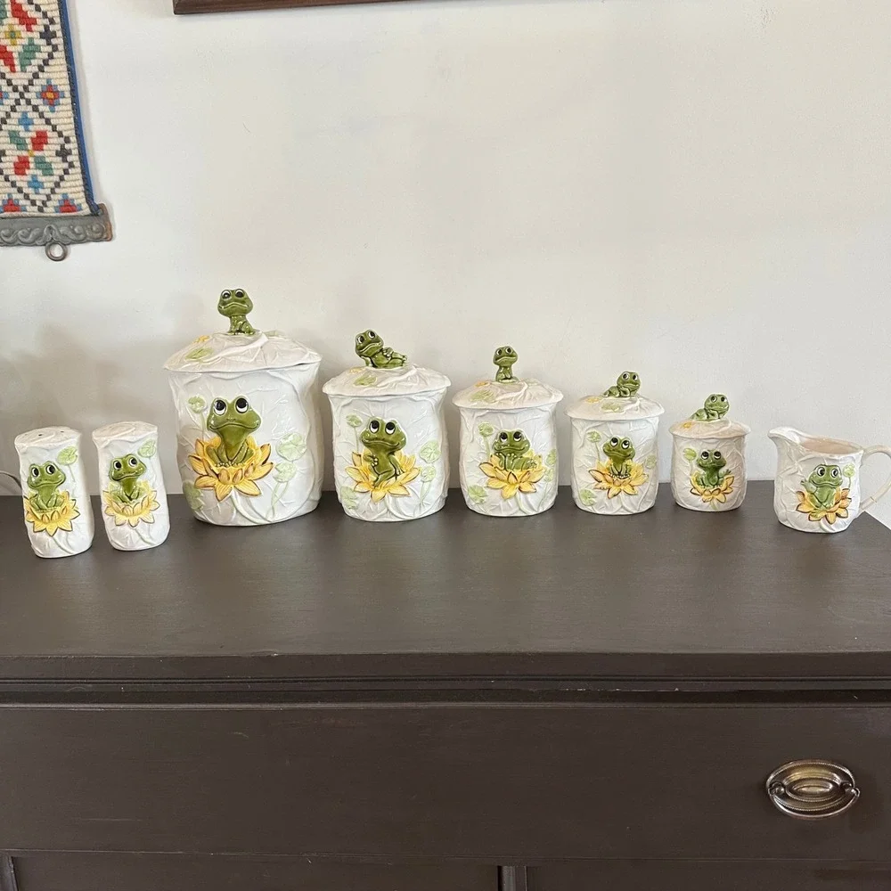VTG Sears Roebuck Neil the Frog Ceramic Canister Set 8pc Creamer Salt Pepper MCM